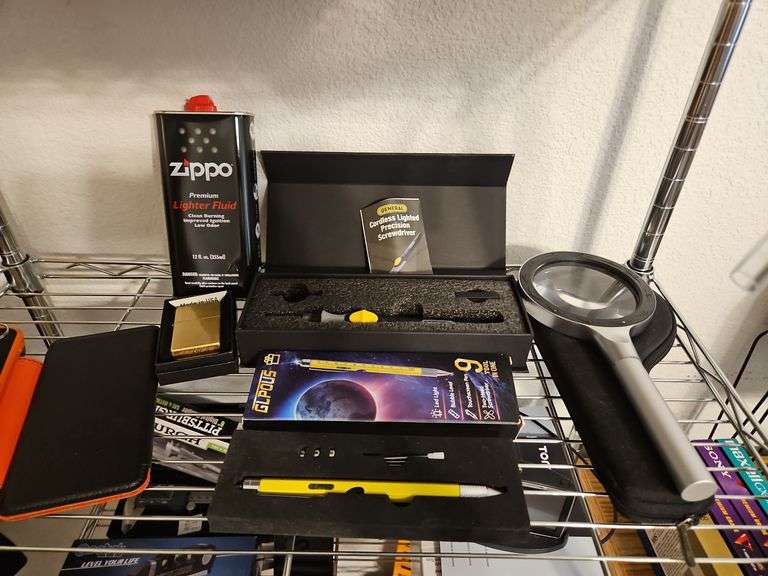 Drill and Driver Bit Set, Cords, Screws, Level, Magnifying Glass - ALL Contents on Shelving Unit (Bring Boxes to Pack)