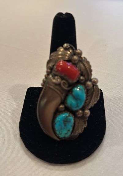 Native American Turquoise and coral Ring, what appears to be a bear claw, no markings, size approximately 11 image