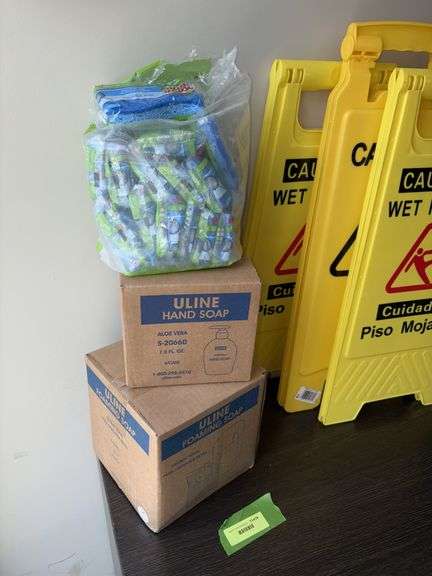 Uline aloe vera hand soap(6), Uline foaming soap (4), sponges and wet floor signs