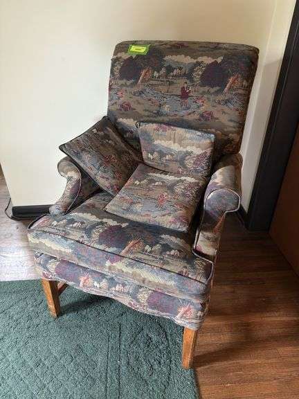 Clayton Marcus padded arm chair and throw pillows with fishing scene image