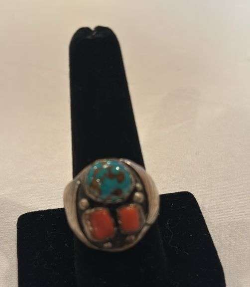 Sterling Men’s Turquoise and Coral ring, size approximately 9 image