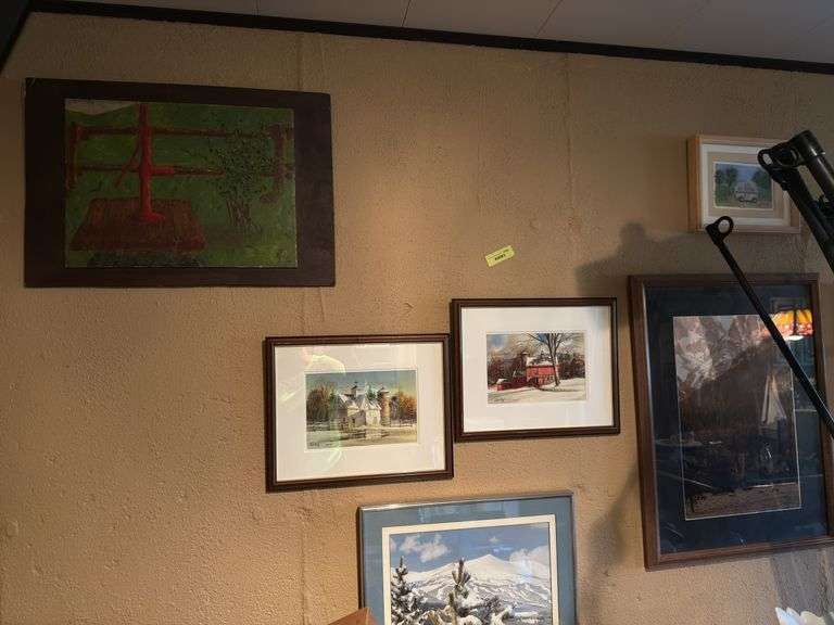 2 watercolor barn pictures, elk and mountian scene, and others image