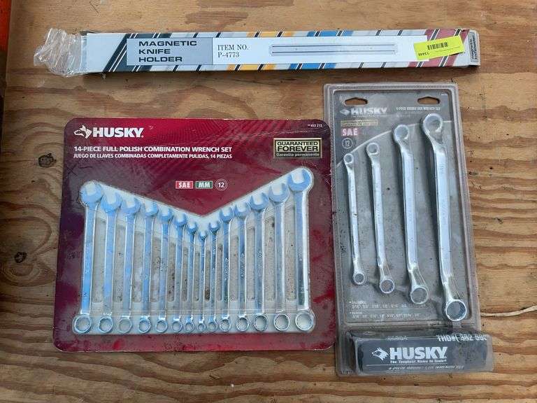 Husky four piece double box wrench set, magnetic knife holder, and 14 piece full polish combination wrench set image