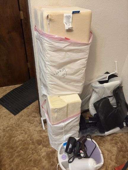 Medical items include wedge pillows, knee brace, foot bath, hair dryers, etc