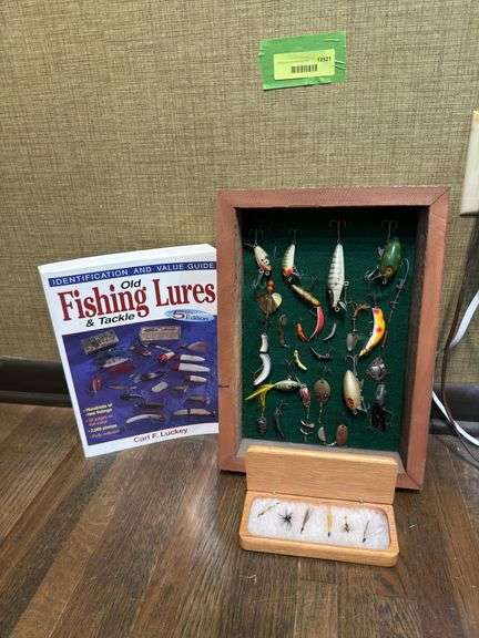 Shadow bow with lures, wooden box with flies and “Old Fishing Lures & Tackle” book image