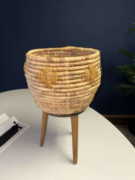 Basket style planter on wooden legs, handmade in Vietnam Approx 22” tall image