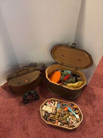 2 sewing boxes and binoculars for long range sewing image