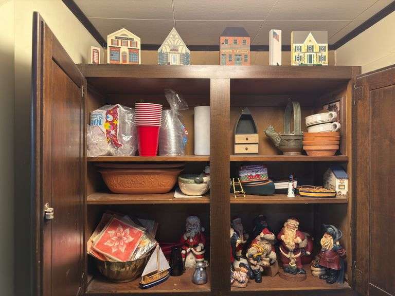 Resin santas, village and boat decor, terra cotta casserole image