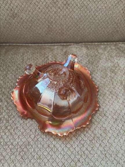 Marigold carnival glass Pharoahs Horses pattern three footed bowl
