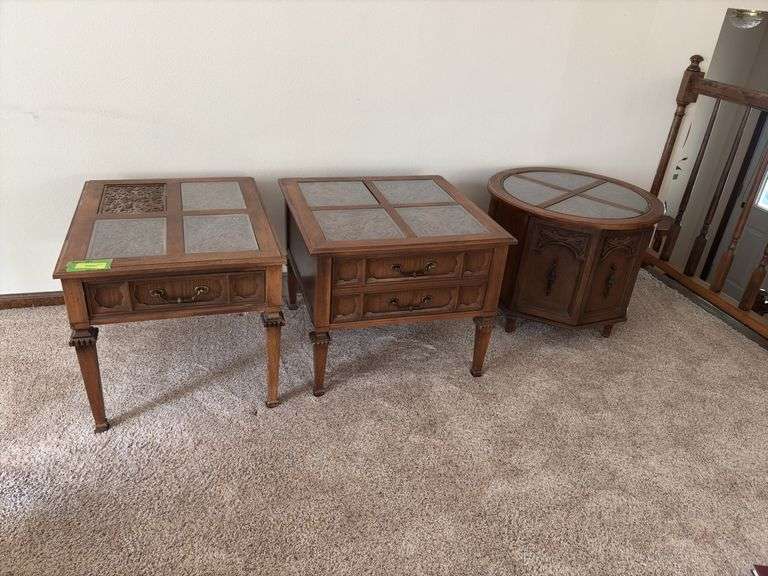Three piece living room table set One side table is missing a glass pane
