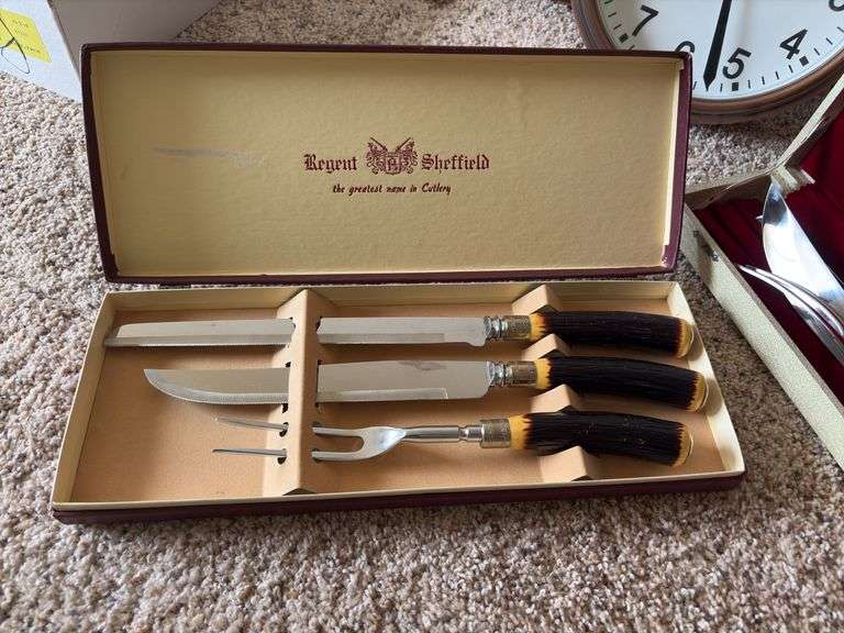 Battery operated wall clock and two carving sets-Regent Sheffield and Armand Japan stainless steel