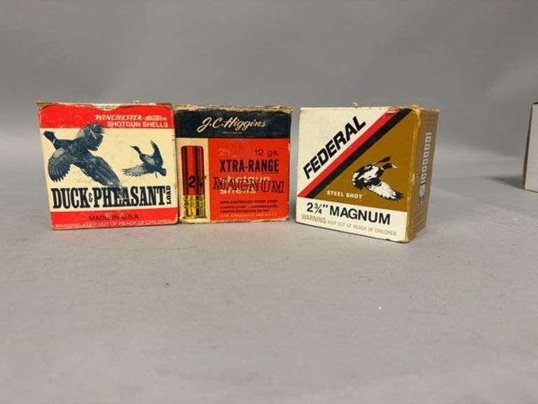 Winchester Duck-Pheasant, J.C. Higgins XTRA-Range Magnum, and Federal Steel Shot 12 Ga. Shotgun Shell Boxes and Shells image