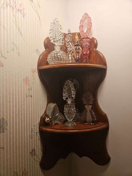 Two Matching Corner Wall Shelves, 11"w x 7"d x 22"h, with Contents image