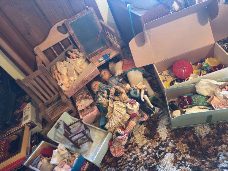 Doll furniture, assortment of dolls - includes plastic doll furniture and wood image