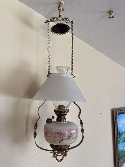Vintage hanging oil lamp 28” tall image