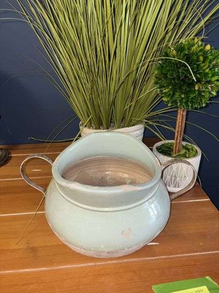 Two artificial plants with stoneware planters and modern decorative pottery planter