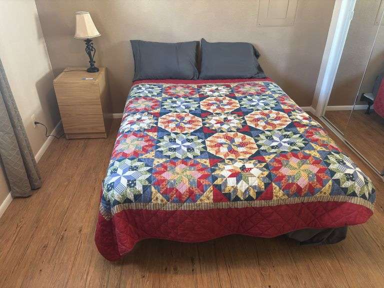 Queen sized bed with two drawer side table and lamp - mattress like new extra soft image