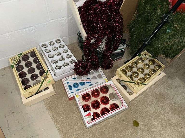 Artifical Christmas tree, ornaments, bulbs and tinsel style garland
