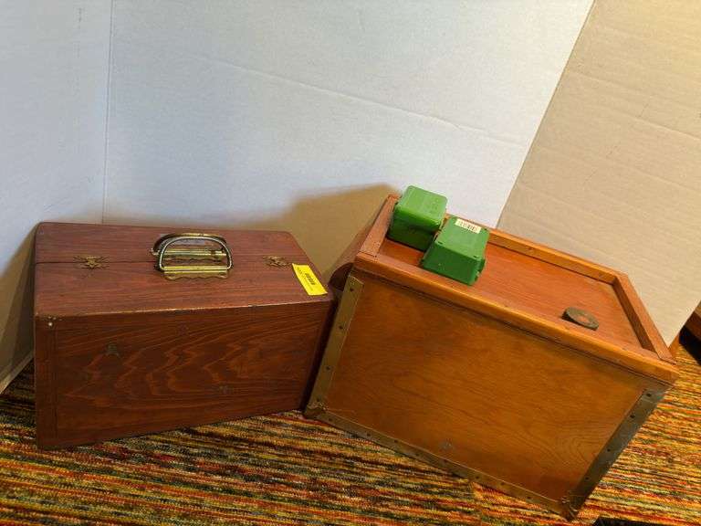 2 wood boxes-one for shotgun shells, 2 plastic reloading boxes image