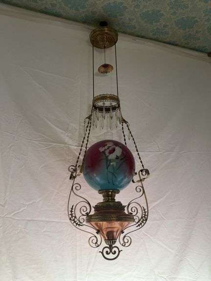 Hanging prism lamp with two matching rings, brass and copper font, smoke bell, cord reel image