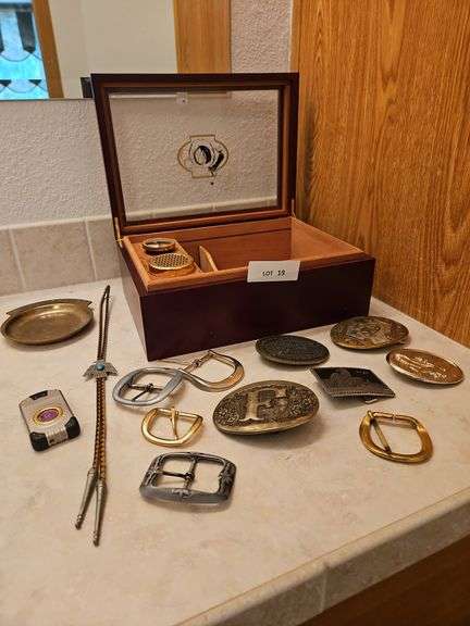 Buckles, Bolo Tie, Cigar Box