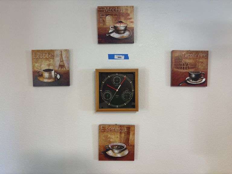 Sunbeam barometer thermometer and humidity meter plus coffee themed art pieces image