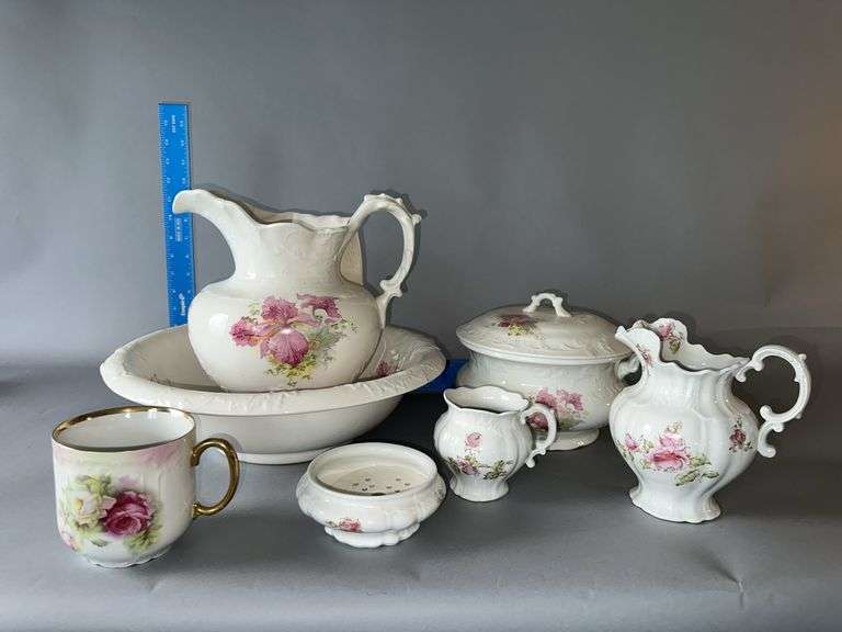 Dresden semi-porcelain chamber set includes pitcher and bowl, chamber pot and a rose pattern small pitcher, cup, soap dish image