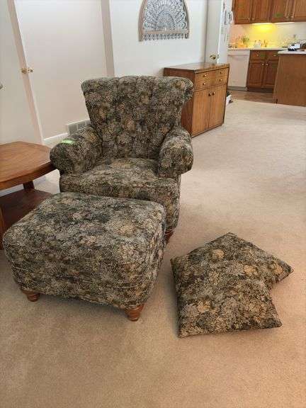 Flexsteel floral pattern chair and ottoman plus pillows