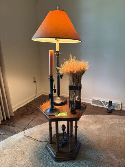 18H hexagon table with pine cone decor-lamp, candle holders, wheat shock image