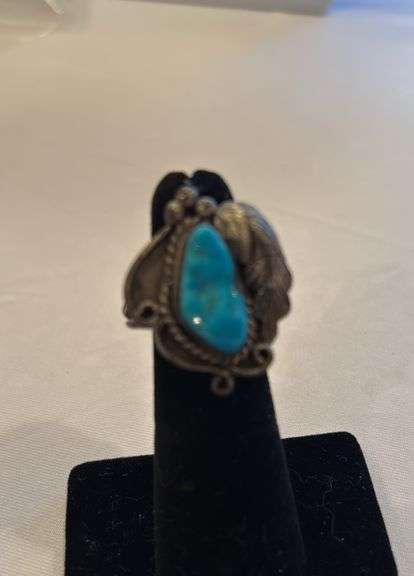 Native American Turquoise Ring, unmarked, band is slightly bent, size approximately 6 image