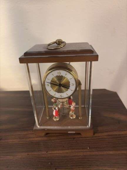 Schmid West Germany key wind clock with revolving dancers, frozen Charlotte dolls and Musipix child's radio style music box lamp