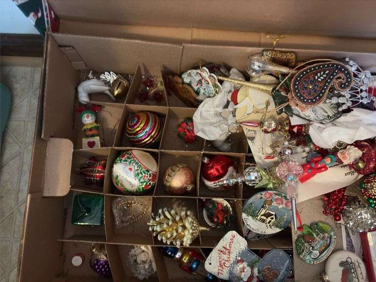 Christmas ornaments, bulb tote and two wreathes