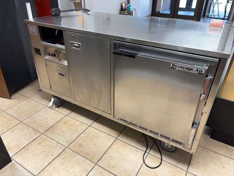 Beverage Air Stainless commercial refrigerator, cold storage, small rinse sink on rollers 70x34x38 image