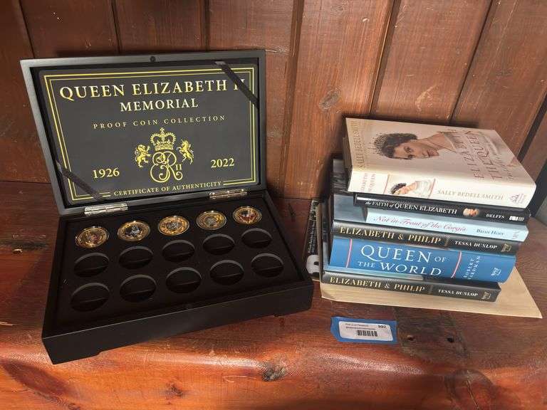 Queen related books and Queen Elizabeth Memorial medallions image