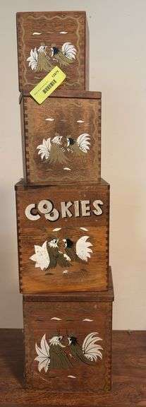 Four wooden canisters with dovetail corners and fighting roosters MIssing one lid image