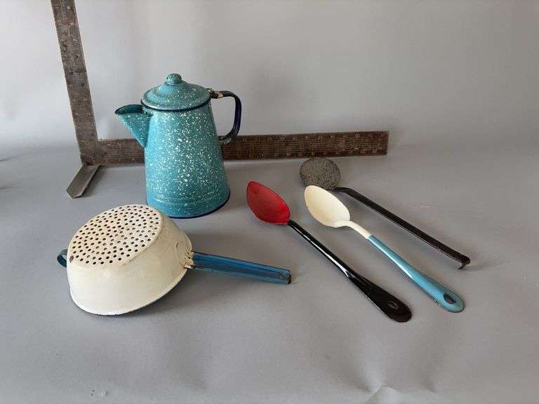 Small blue speckle coffee pot, handled strainers and spoons image