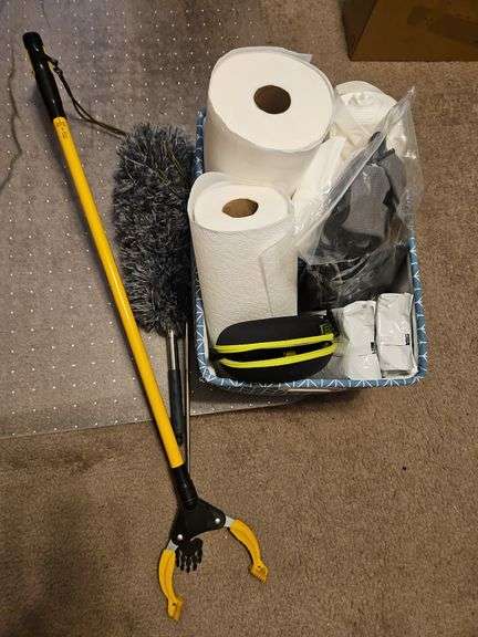New Gloves, Paper Towels, Coleman Sunglasses in Case, Steel Gripper, Duster