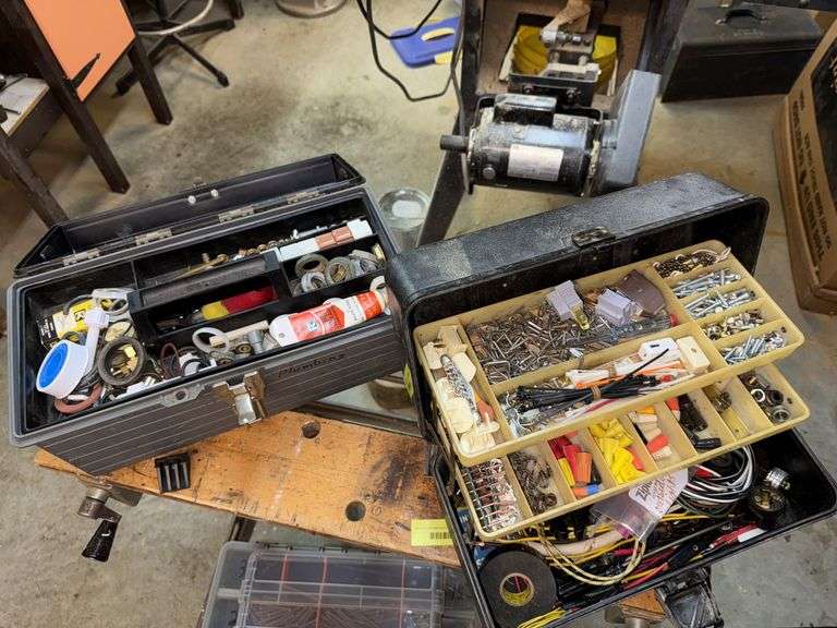 Tool boxes of assorted plumbing and electrical items and another box of assorted springs image