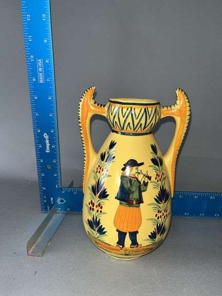 8" Hen Riot Quimper France vase depicting man w/ flute image