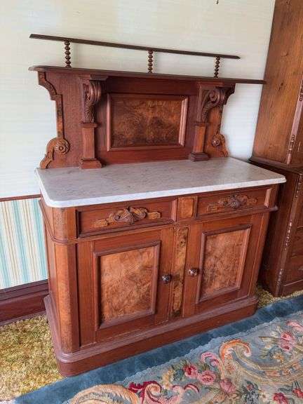 2pc English style marble top sideboard with tall backsplash and 11” shelf Burled walnut doors and accents Carved pulls on drawers with round dovetail 21D x 49L x 60H image