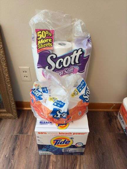 Three new boxes Tide with bleach laundry soap 144oz and partial packs TP image