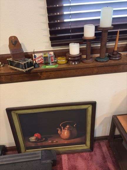 Wood candle stands, mini oil can, picture, pencil sharpener etc... image