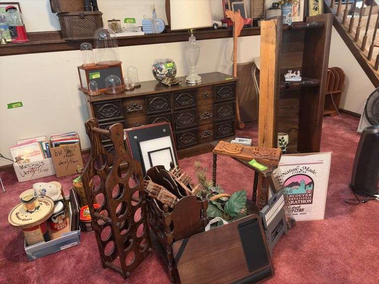 Wine rack, magazine rack, half table, wood shelf, plastic step stool and more image