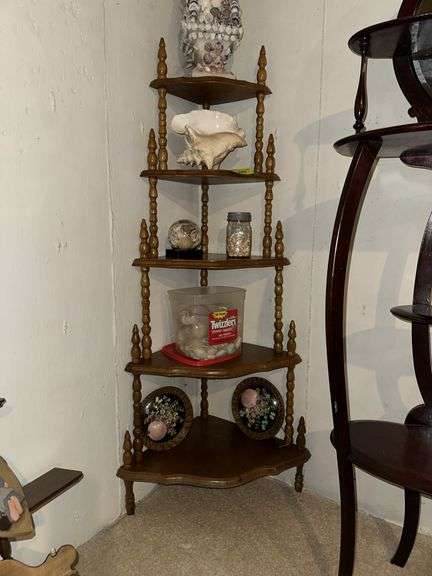 Solid cherry corner shelf with turned spindles and 5 tiers NO CONTENTS