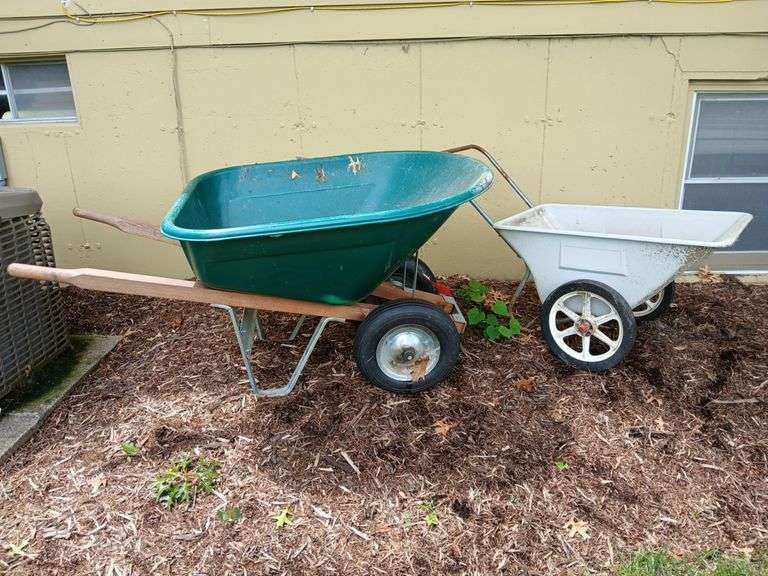 Dual wheeled poly tub wheel barrow and 2 wheeled yard cart image