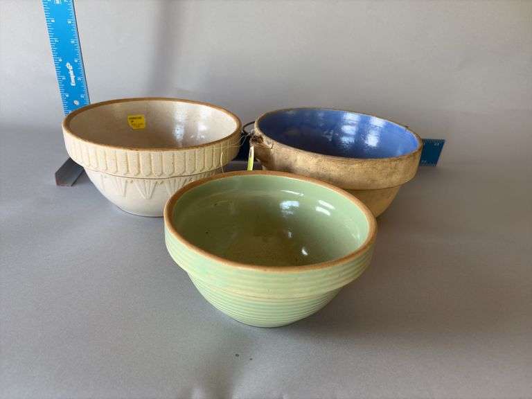 Three stoneware bowls-USA marked picket fence pattern, Ideal marked with wire bail handle and Western Stoneware beehive ribbed pattern image