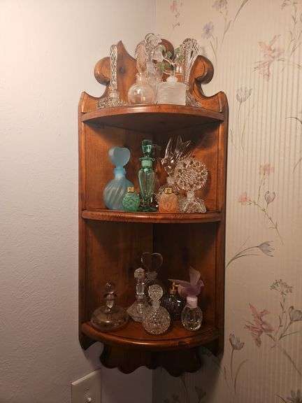 Corner Shelf with Contents, 15"w x 8"d x 37"h, Vintage Perfume Bottles image
