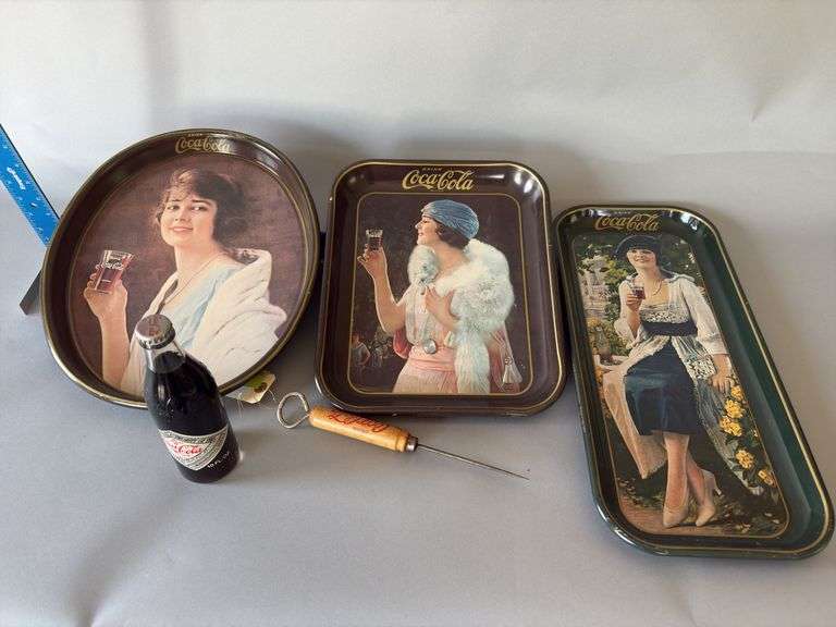 3 repro Coke trays -1973's 1972, Coke ice pick, bottle image