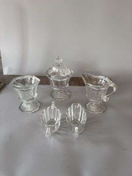 Five pieces clear glass-Heisey Glass cream & sugar, covered comport and larger cream & sugar image