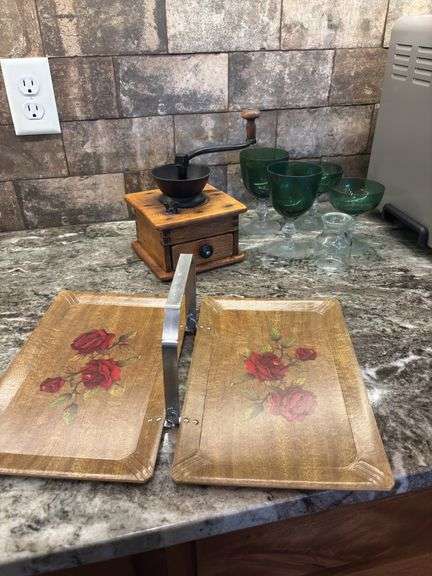 Vintage coffee grinder, green stemware, folding rose pattern tray